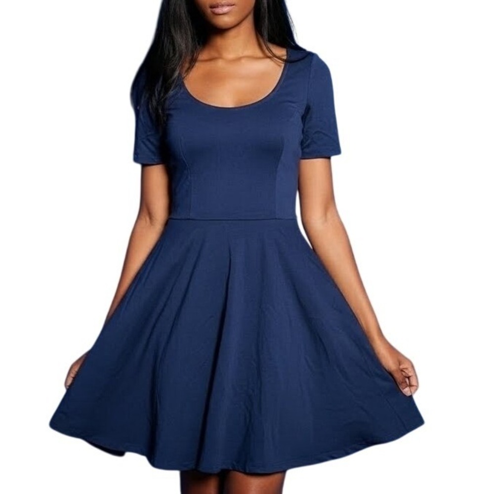 Forever 21 Navy Blue Fit Flare Mini Dress Short Sleeve Scoop Neck Women's Size S
